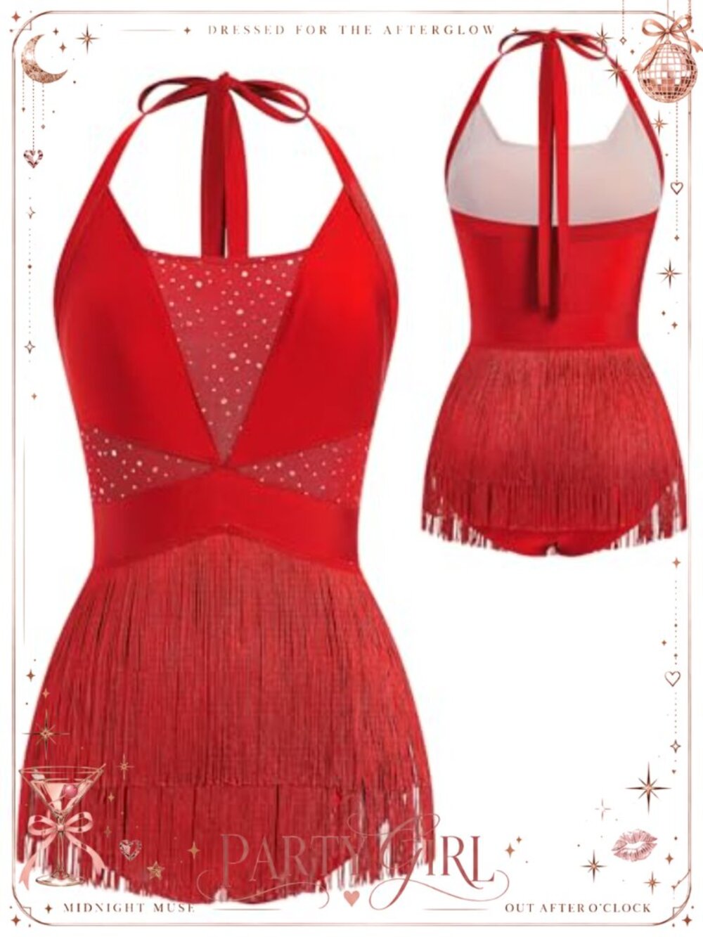 ODASDO Women Latin Dance Costume Mesh Sequin Bodysuit Tassel Fringe Halter